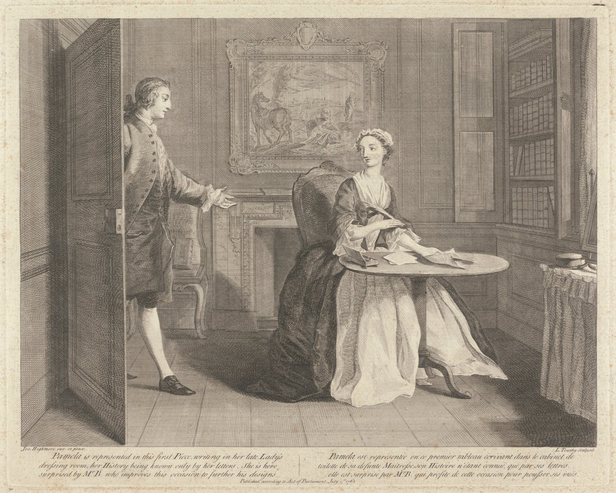 Pamela wordt in dit eerste Stuk voorgesteld, schrijvend in de kleedkamer van haar overleden Dame, haar Geschiedenis is alleen bekend door haar brieven. Ze wordt hier verrast door Mr. B. die deze gelegenheid aangrijpt om zijn plannen verder te ontwikkelen door L. Truchy