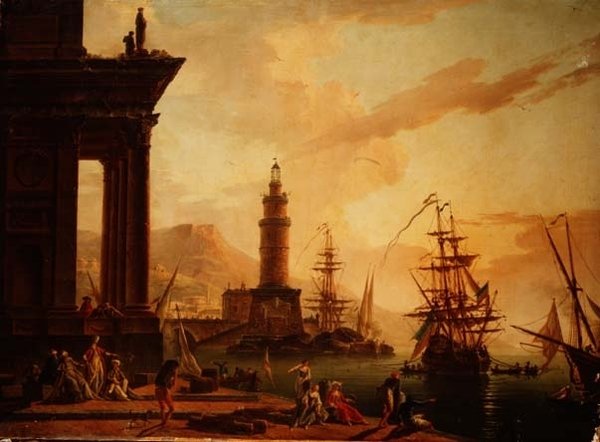 Capriccio van een mediterrane haven met een Nederlandse fregat en andere schepen door La Croix de Marseilles