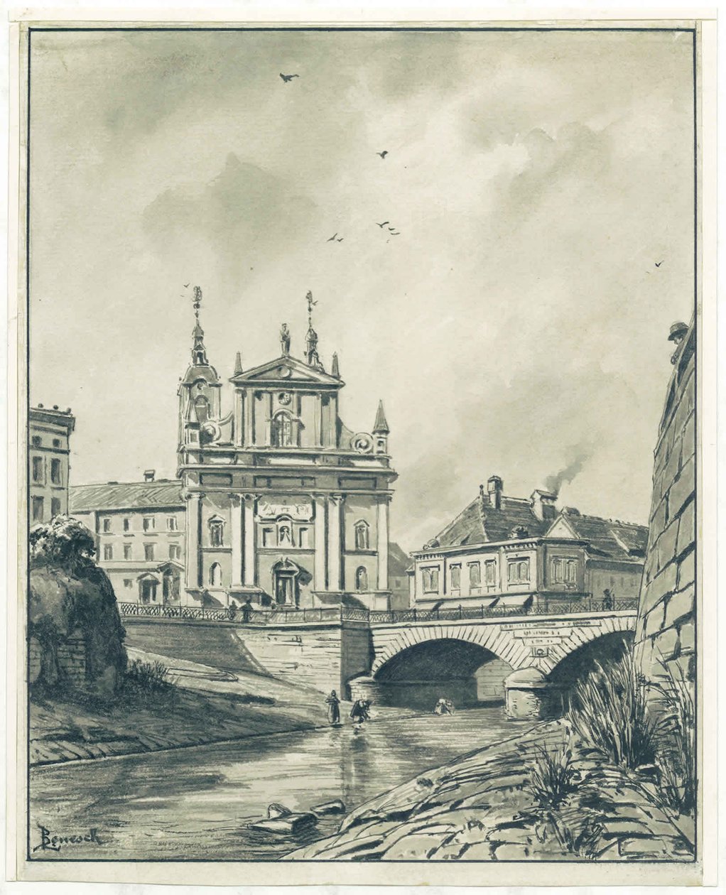 Uitzicht op de Ljubljanica, Francov-brug en Franciscaanse kerk in Ljubljana door Ladislav Benesch