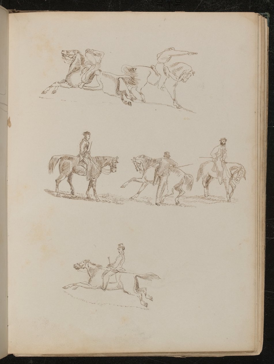 Zes studies van paarden met verschillende mannelijke ruiters in verschillende houdingen, een met opgeheven pistool (pen en inkt) door Lady  Butler