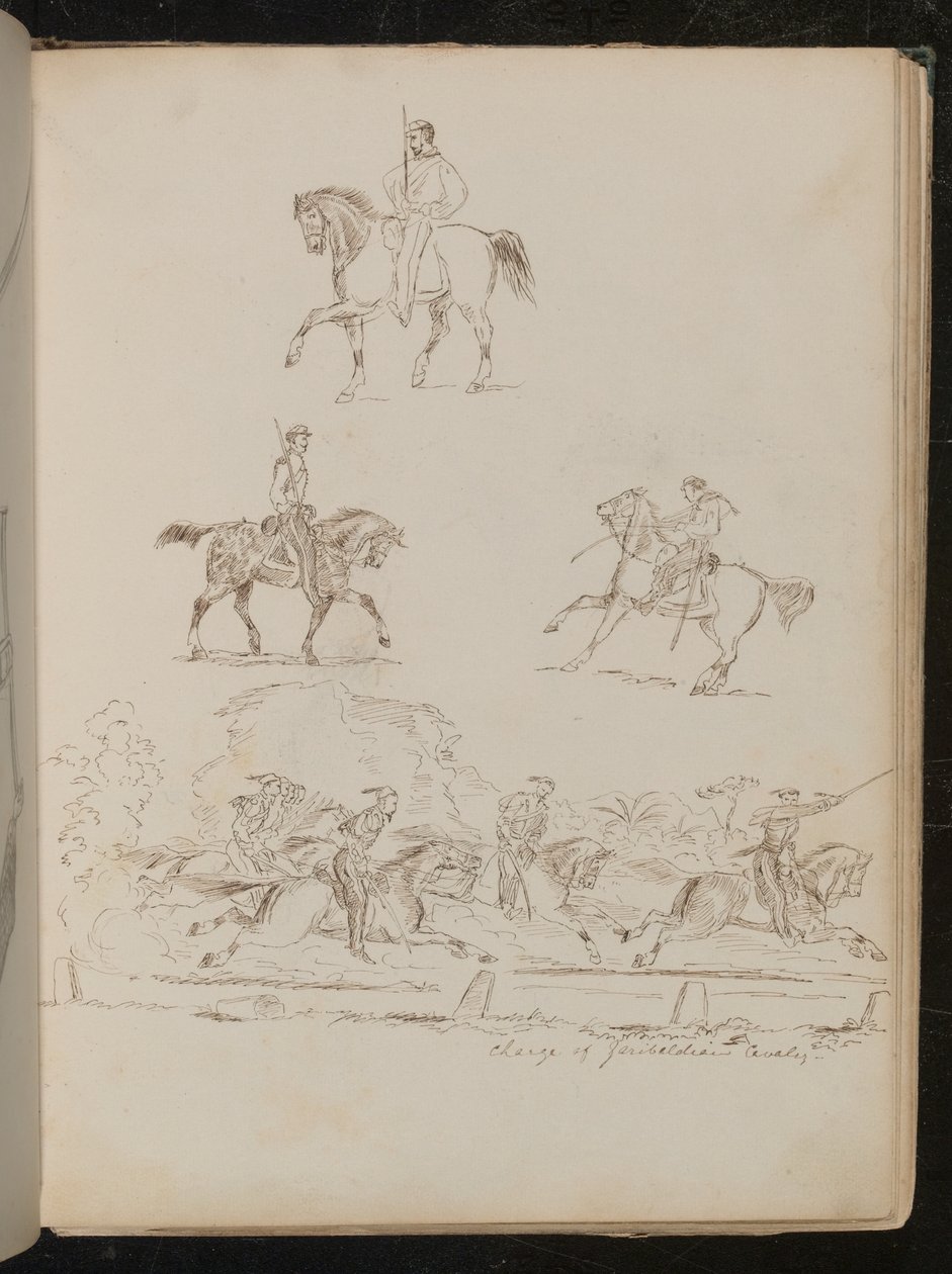 Studies van soldaten te paard, de groepsscène is voorzien van opschrift 