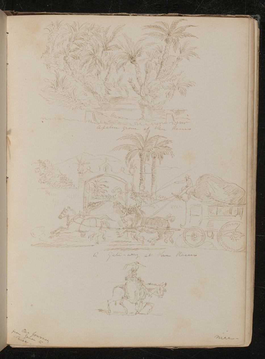 "Een palmbos in San Remo", een door paarden getrokken koets voor "een poort in San Remo", een vrouwelijke figuur te paard door Lady Butler