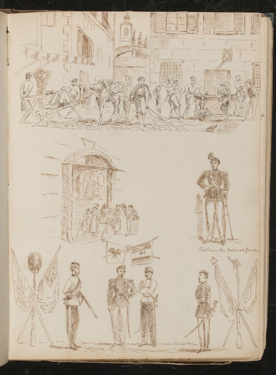 Een stadstafereel met drinkende soldaten, studie van een marktkraam, studie van een Piëmontese nationale garde, studie van vier soldaten en gekruiste vlaggen door Lady Butler