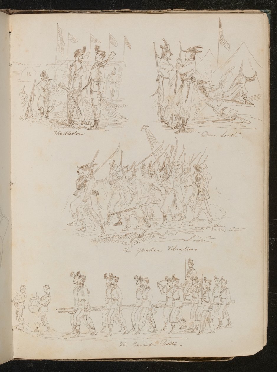 Vier bataljonsscènes met opschrift "Wimbledon", "Down South", "The Yankee Volunteers", "The British Ditto" met verschillende soldatentypes door Lady Butler