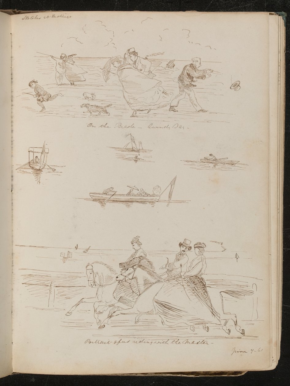 "Op de Parade, een winderige dag", boten met dagjesmensen, ruiters te paard met opschrift "rijden met de meester" door Lady Butler
