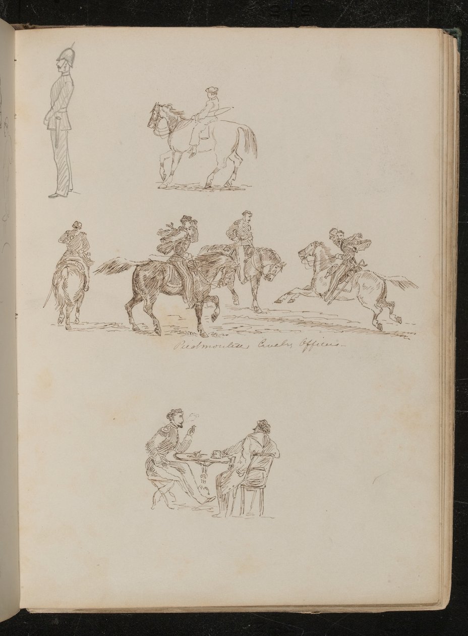 Soldaat in volledig uniform, studies van een jongeman met hengel te paard, vier mannen te paard met inscriptie "Piëmontese Cavalerie Officieren" door Lady Butler