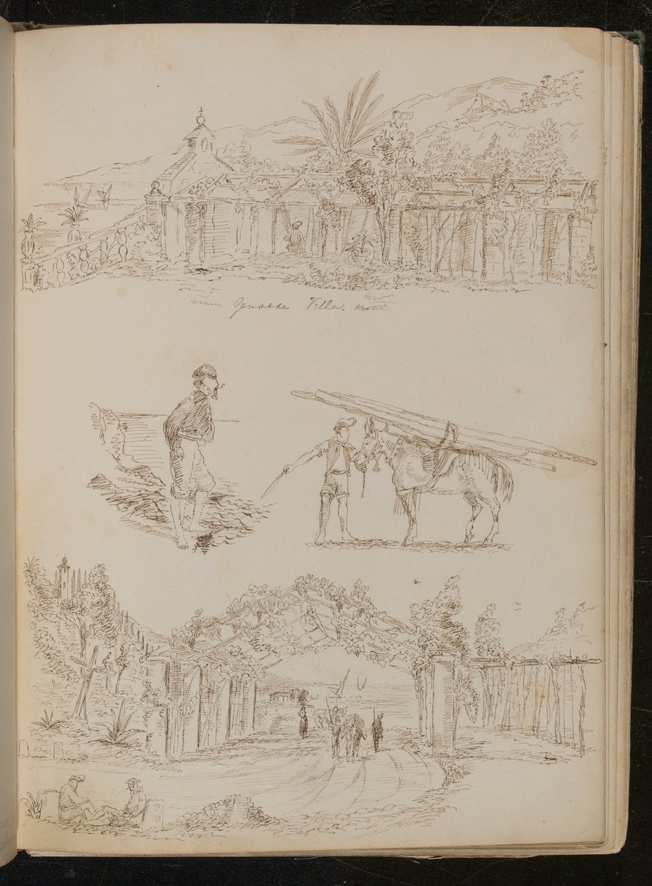 Studie van een "Genuese Villa", een Man met een Pijp, een Pakpaard, een Landschapsboog met Figuren door Lady Butler