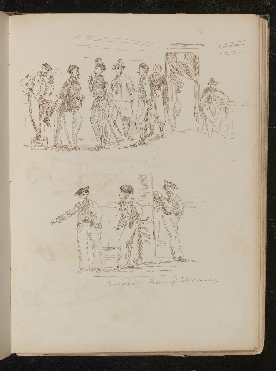 Studie van acht soldaten staand in een interieur, studie van drie Sardijnse soldaten door Lady Butler
