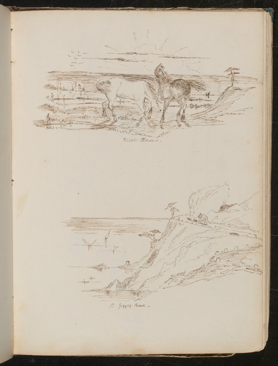 Studie van twee paarden in landschap met inscriptie "Wilde Paarden", studie van kustlandschap en klif met inscriptie "een zigzagweg" door Lady Butler
