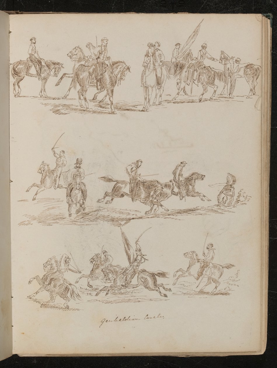 Drie Studies van Soldaten te Paard Ingeschreven "Garibaldische Cavalerie" door Lady Butler