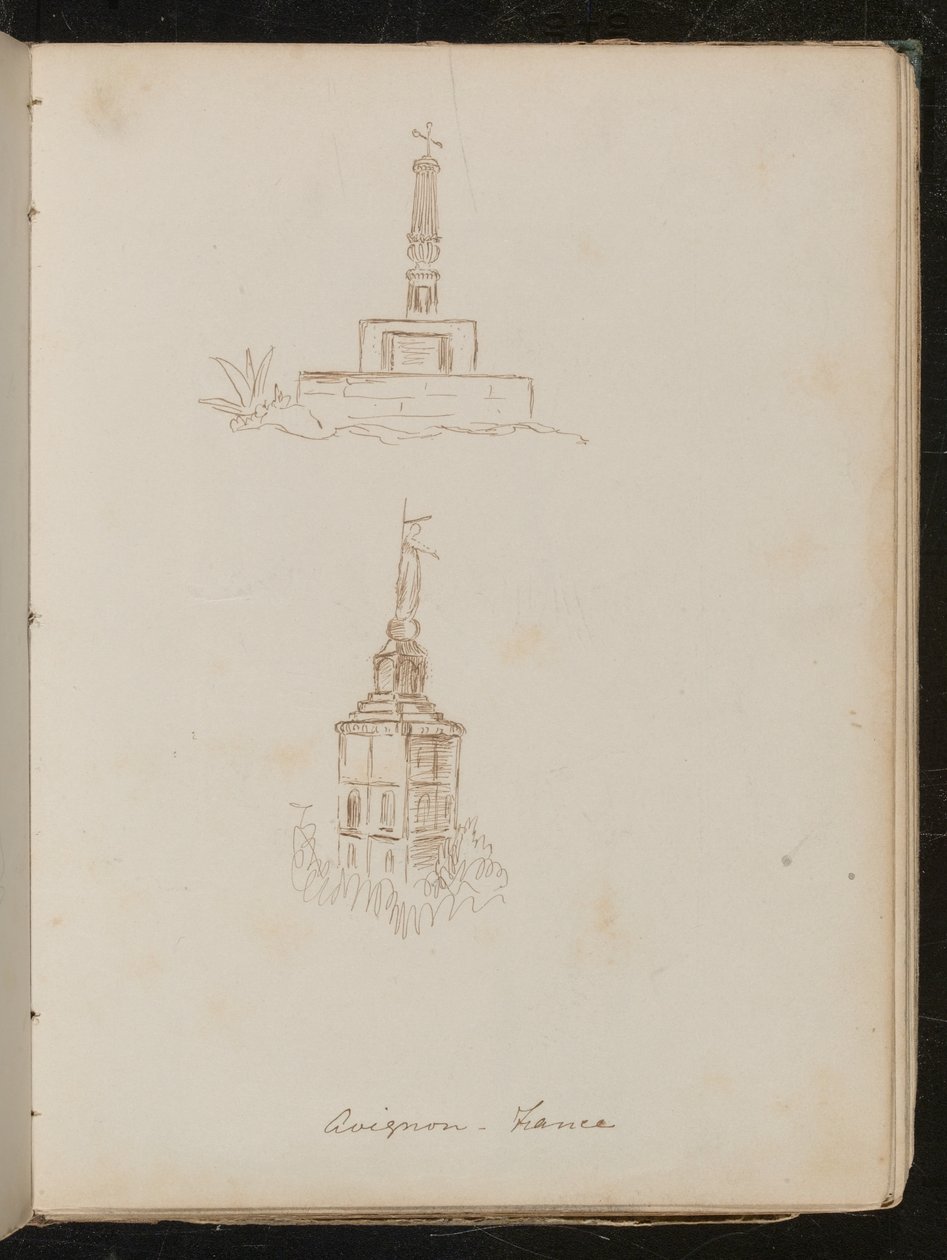 Twee architecturale studies van monumenten, locatie genoteerd als "Avignon - Frankrijk" door Lady Butler
