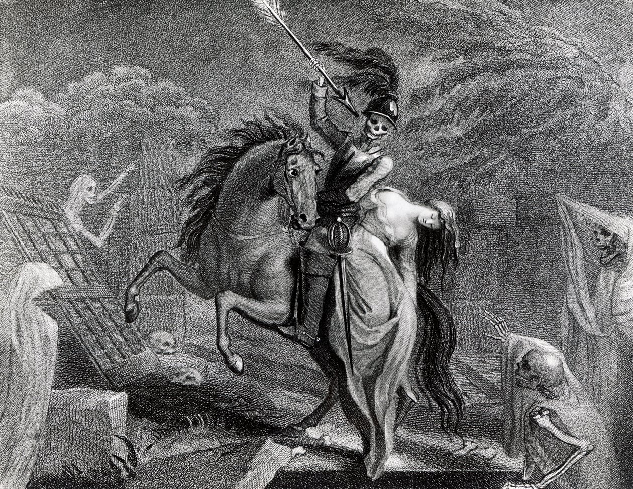 Lenore rijdt met de Dood, illustratie voor het gedicht Lenore door Gottfried Augustus Burger, tekening door Diana Beauclerk voor de editie van 1796 uitgegeven door Harding Pall Mall door Lady Diana Beauclerk