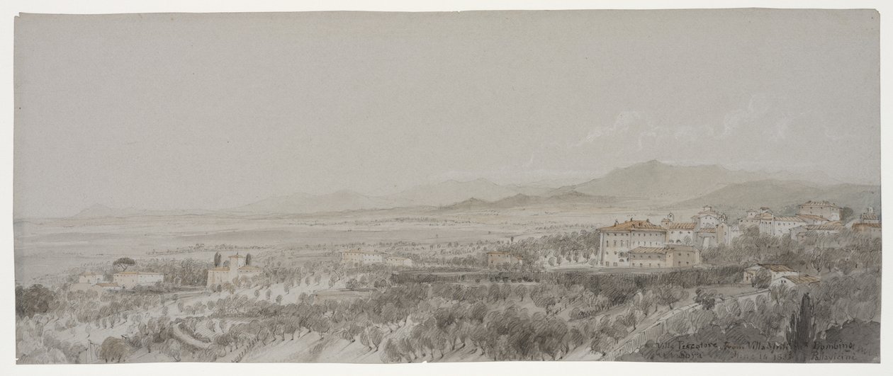 Uitzicht op de Villa Pescatore vanaf Villa Muti, Piombino door Lady Elizabeth Susan Percy