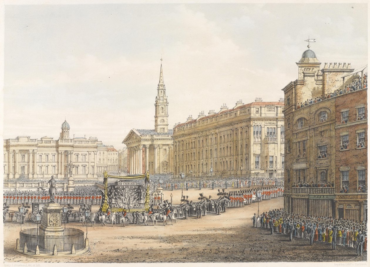 De begrafeniswagen en processie bij de staatsbegrafenis van de hertog van Wellington langs Mansion House, 18 november 1852 door Lady Emily Drummond