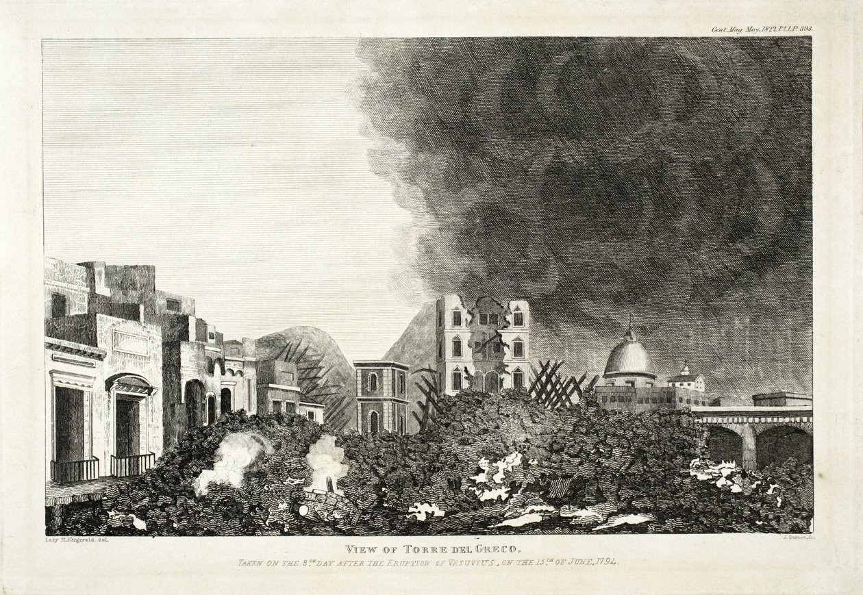Uitzicht op Torro del Greco: genomen op de 8e dag na de uitbarsting van Vesuvius, 15 juni 1794, 1822 door Lady H. Fitzgerald
