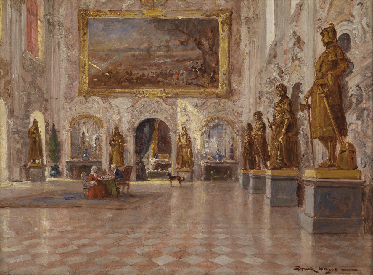 De grote zaal in Schloss Schleißheim, met een van de twee kolossale schilderijen van Franz Joachim Beich door Lajos Bruck