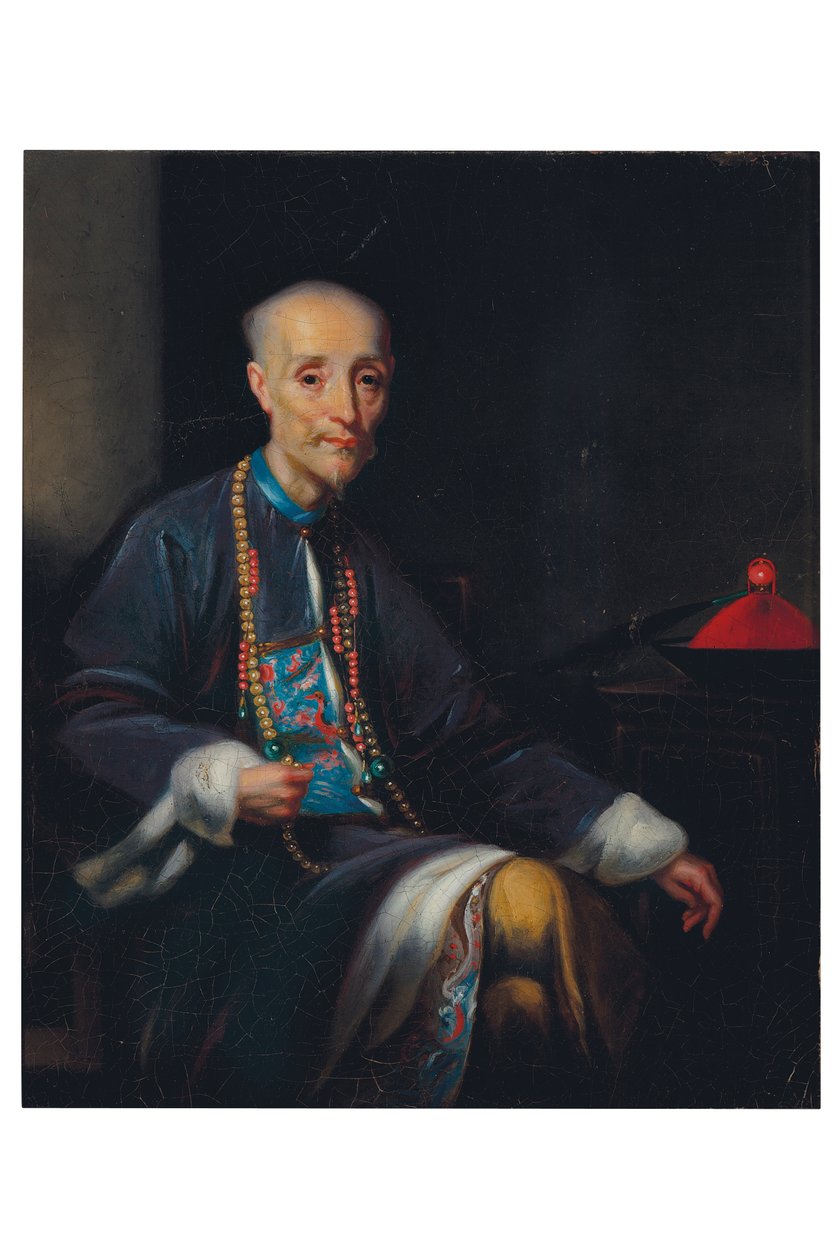 Portret van Houqua, driekwart lengte, zittend, in een interieur door Lam Qua (attr. to)