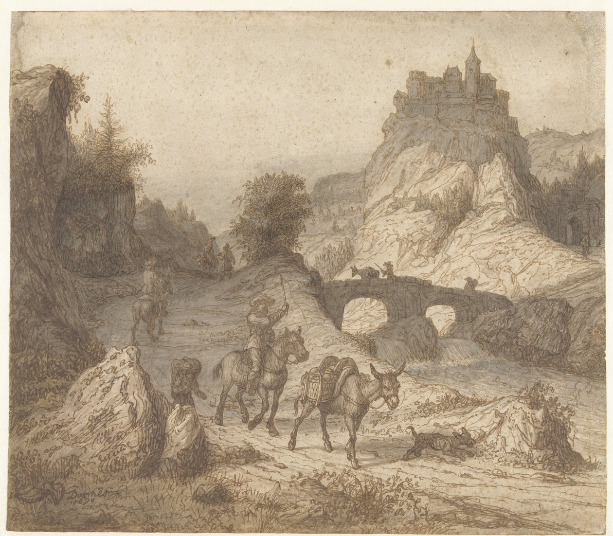 Berglandschap met kasteel en figuren door Lambert Doomer