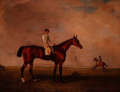 Bruine renpaard met jockey op een renbaan door Lambert Marshall
