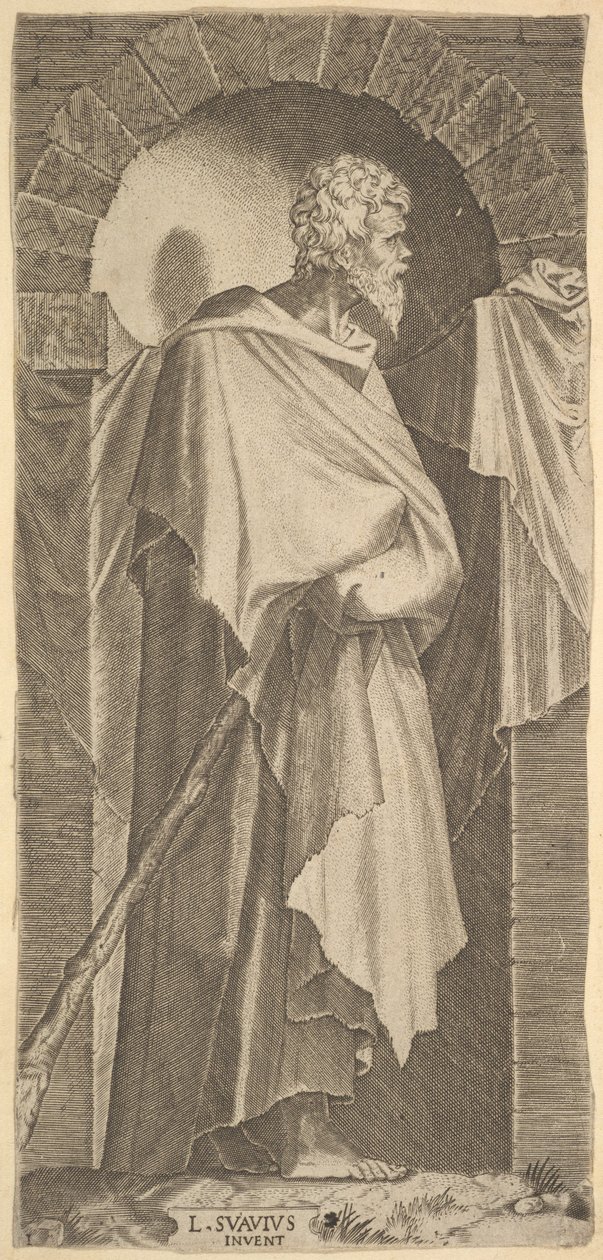 St. Jacobus Minor in een gebogen nis, met een wandelstok in zijn handen door Lambert Suavius