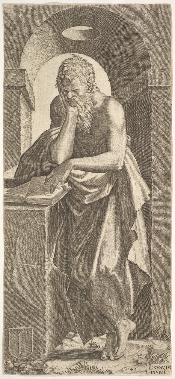 St. Simon voor een open boek met de vingers van zijn linkerhand erop gedrukt, 1545 door Lambert Suavius