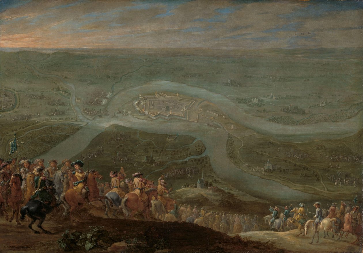 Koning Lodewijk XIV en zijn gevolg bij het beleg van Schenkenschans, 1672 door Lambert de Hondt (II)