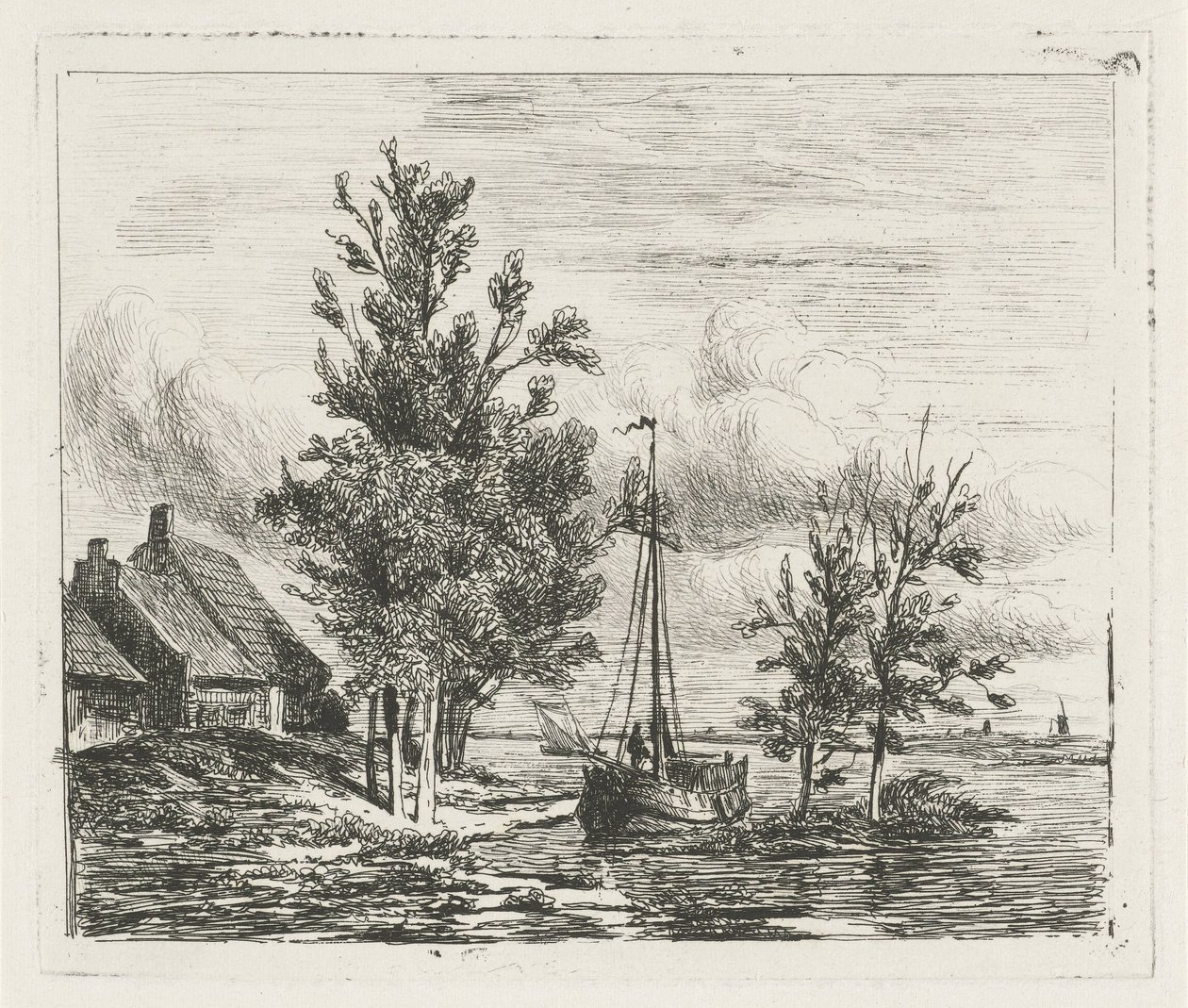 Rivierlandschap met zeilschip en boerderij door Lambertus  Hardenberg