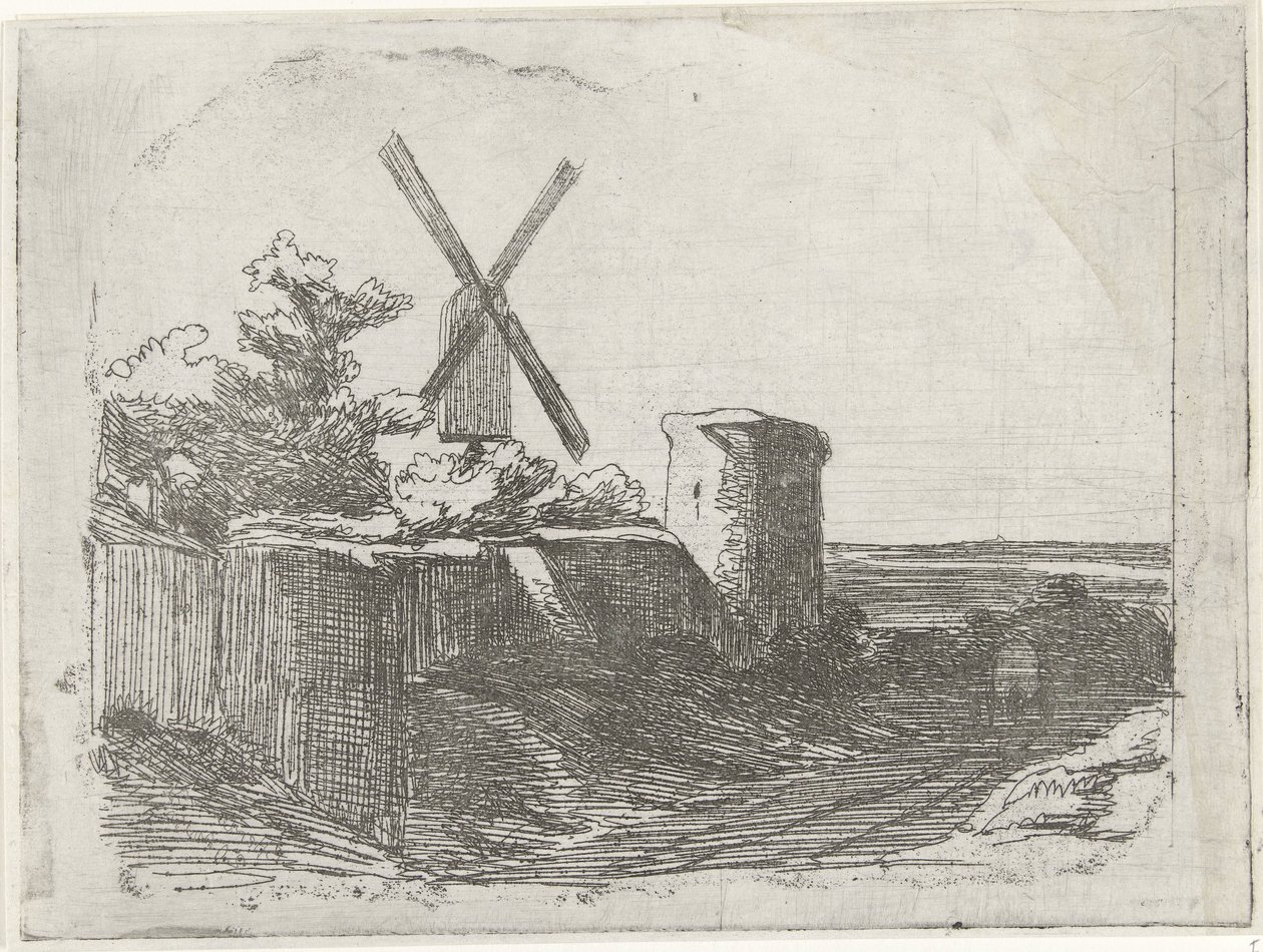 Ruïne met molen door Lambertus  Hardenberg