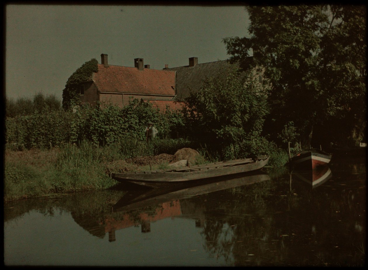 Blikkenburgervaart, Zeist, met boten en boerderij (en mogelijk Willem Emelaar Sr) door Lambertus Hendrik van Berk