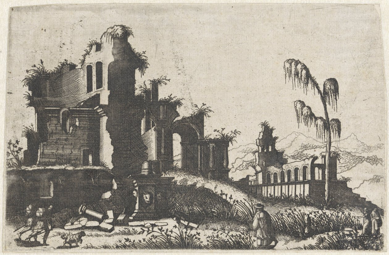 Landschap met begroeide ruïnes en reizigers door Lambertus Suavius