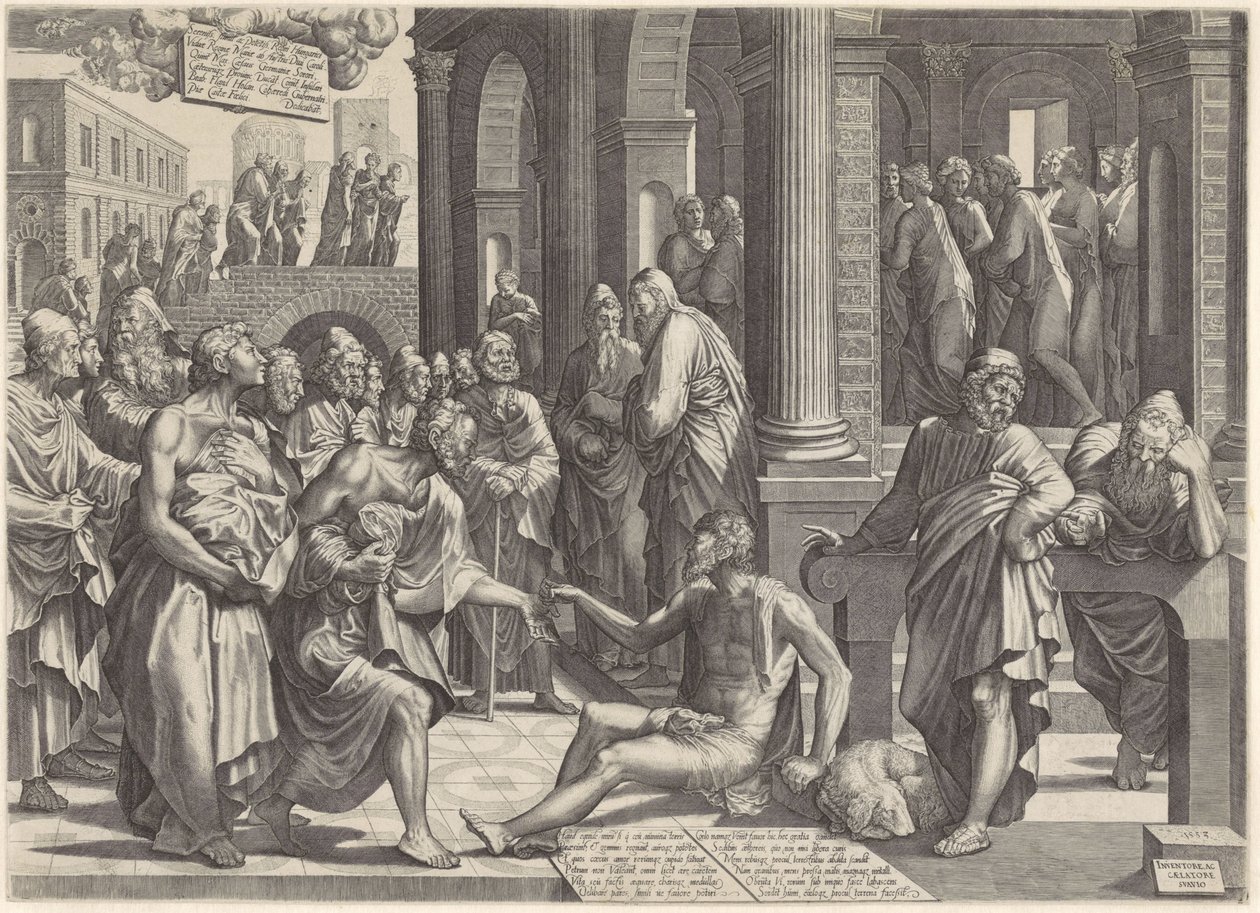Petrus en Johannes genezen een kreupele aan de tempelpoort door Lambertus Suavius