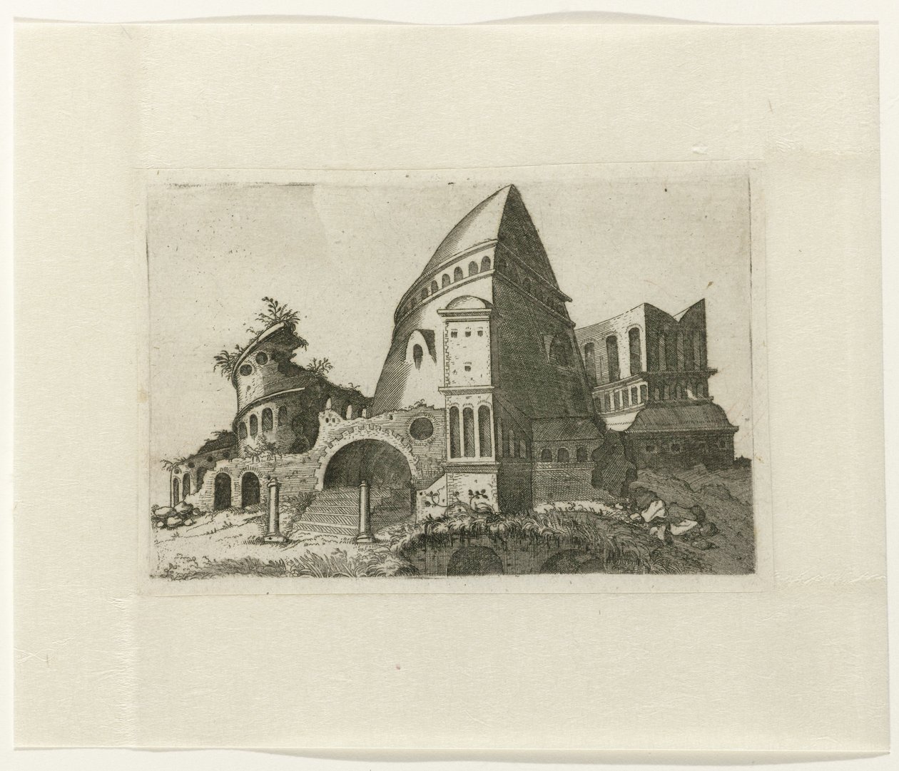 Ruïne met piramidevormige toren Ruinarum variarum fabricarum delineationes pictoribus caeterisque id genus artificibus multum utiles (serie titel) door Lambertus Suavius