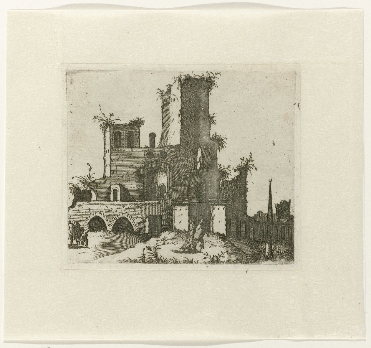 Ruïne met rechthoekige toren door Lambertus Suavius