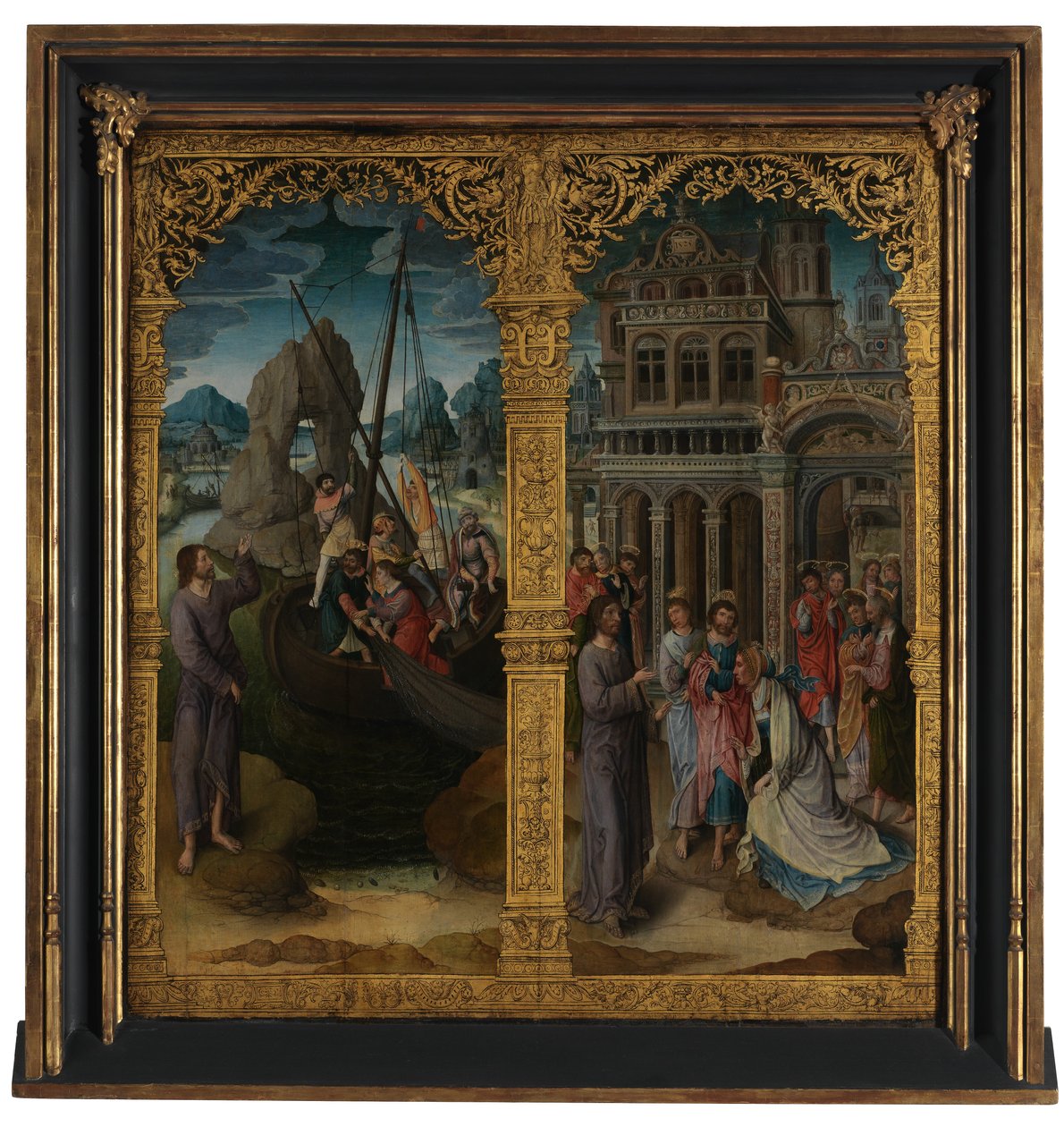 De roeping van Petrus en de genezing van Hemorroissa door Lancelot (school of) Blondeel