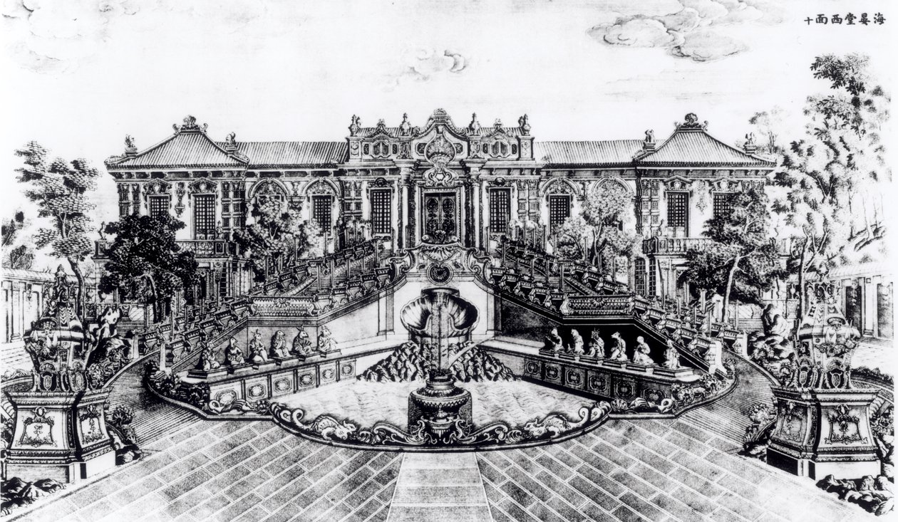 Paleis van de Kalmte van de Zee en de Waterklok, Tuin van Yuan Ming Yuan, Peking, 1783-86 door Lang Shining