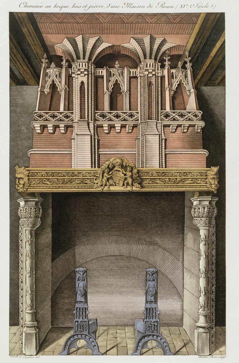Schoorsteen van een 15e-eeuws huis in Rouen, uit Monuments Francais, lithografie door Amedee Peree, 1839 door Langlois E.