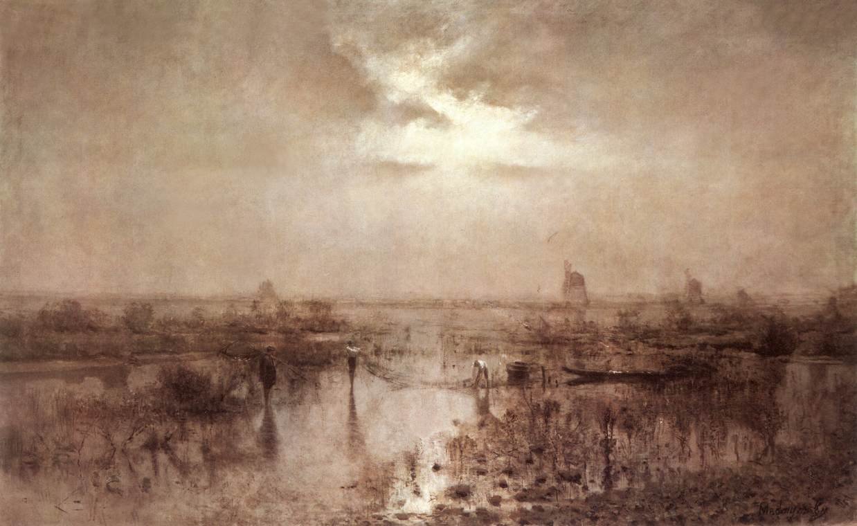 Vissen op de rivier de Tisza door Laszlo Mednyanszky