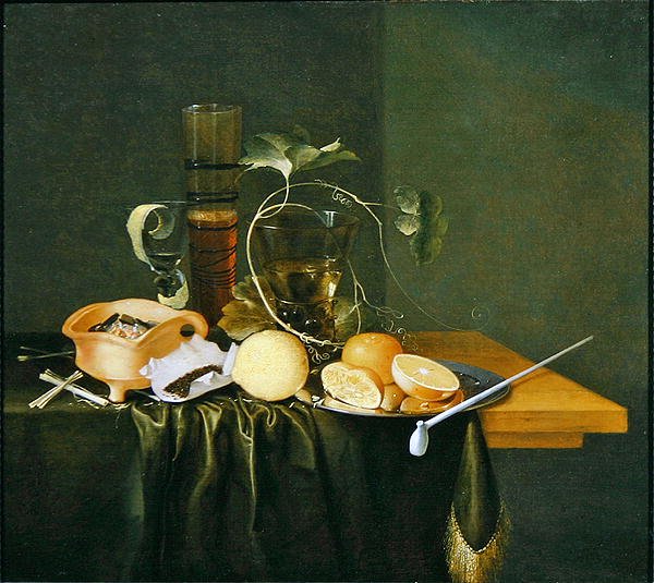 Stilleven van een Roemer omringd door wijnranken en fruit door Laurens Craen