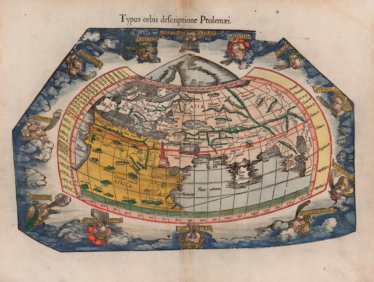 Een wereldkaart zoals opgetekend door Ptolemaeus (Typus Orbis Descriptione Ptolemaei) door Laurent Fries uit Gaspar Trechsel