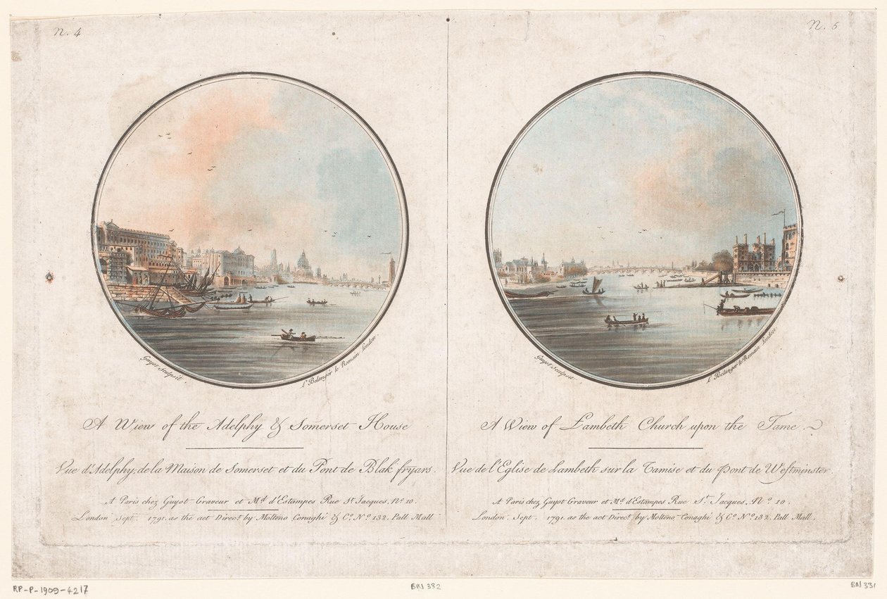 Gezicht op de Adelphi en Somerset House vanaf de Theems en gezicht op Lambeth Church vanaf de Theems door Laurent Guyot