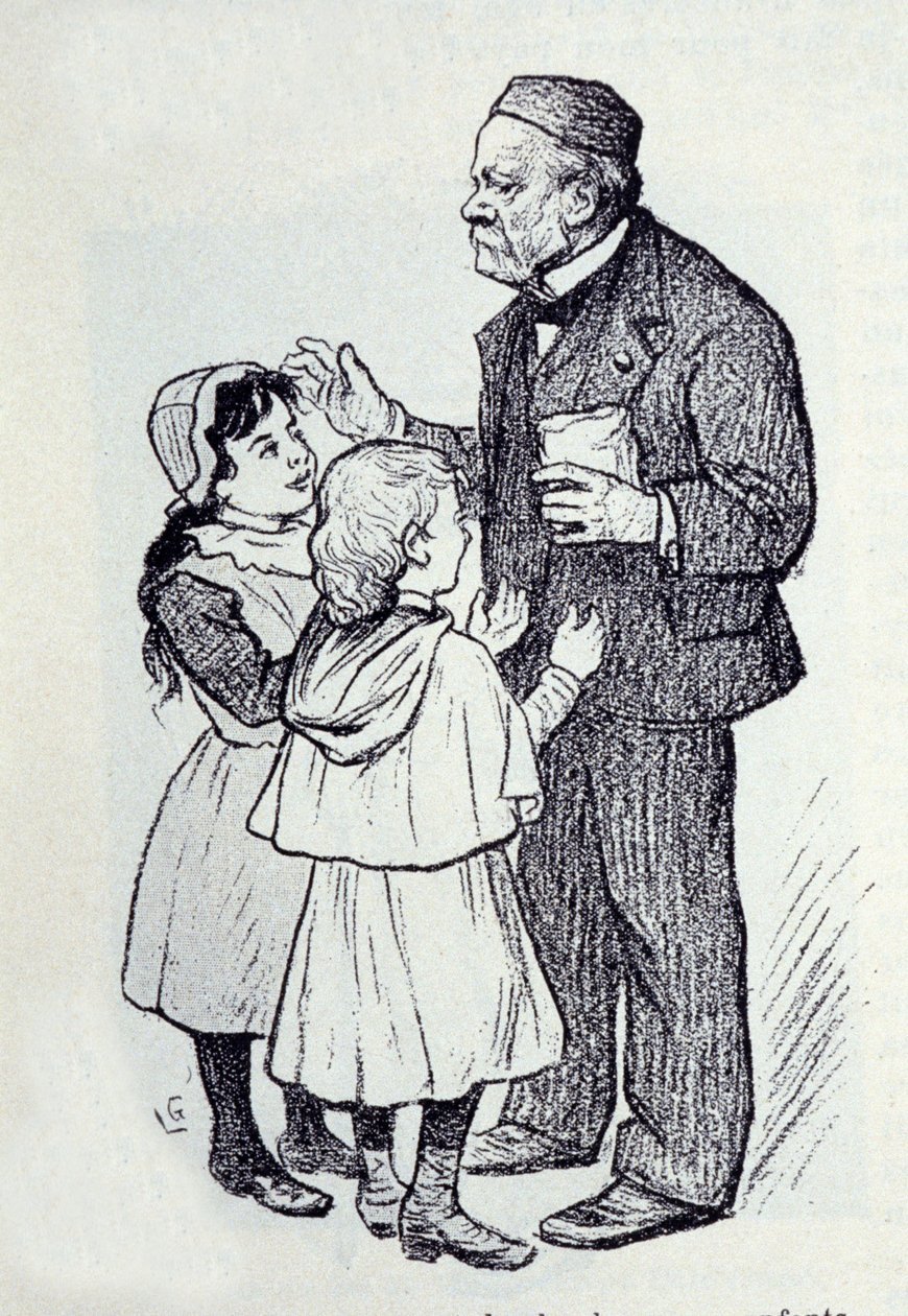 Portret van Louis Pasteur, Franse chemicus en natuurkundige die snoepjes uitdeelt aan de kinderen van het Instituut. Schets door Lucien Laurent-Gsell. door Laurent Lucien Gsell