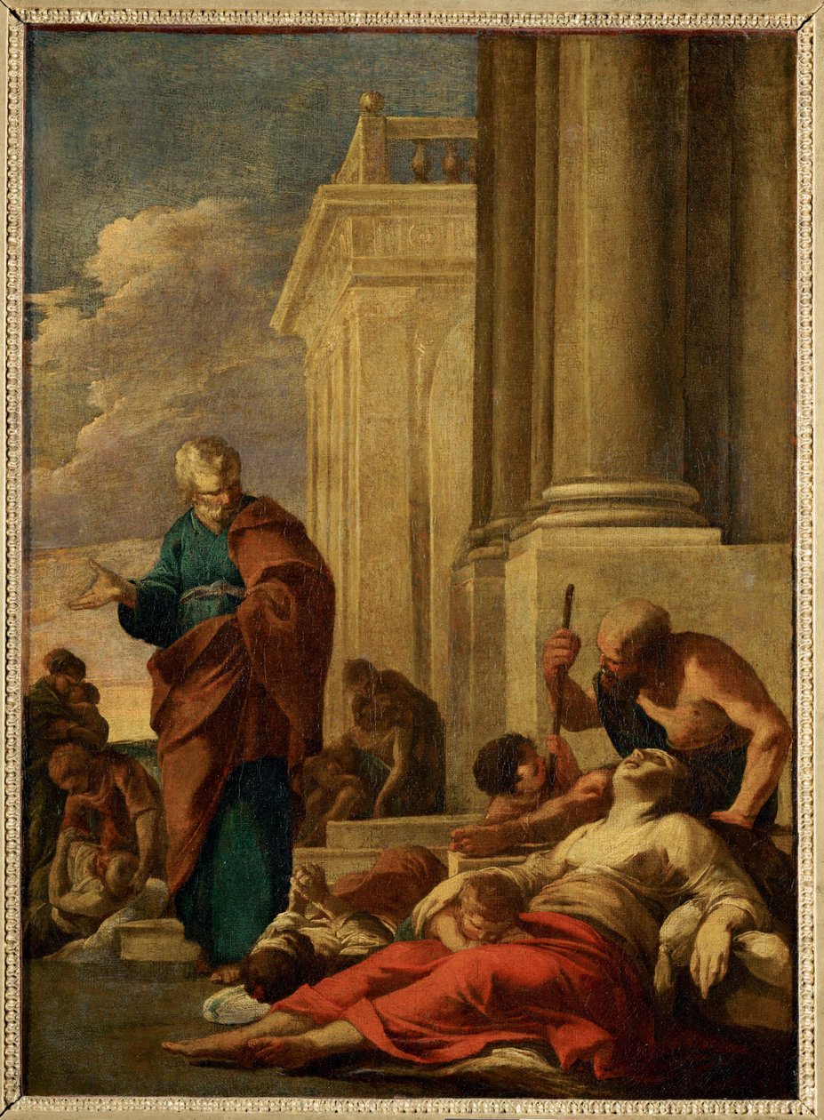 Saint Pierre guerissant les malades avec son ombre - Sint Pieter geneest de zieken met zijn schaduw ... door Laurent de (workshop of) La Hyre