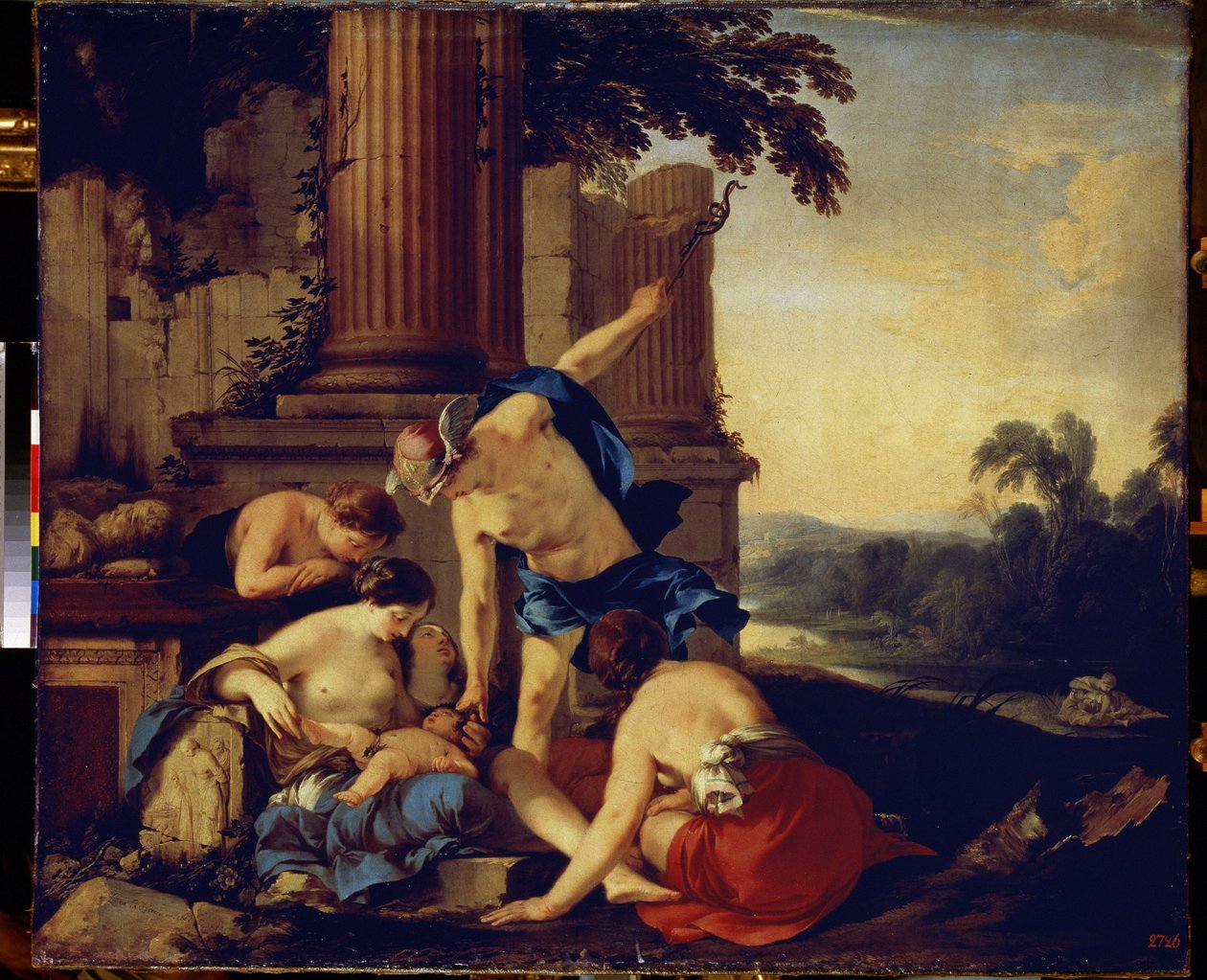 Mercurius geeft het kind Bacchus aan de nimfen van Nysa door Laurent de la Hyre