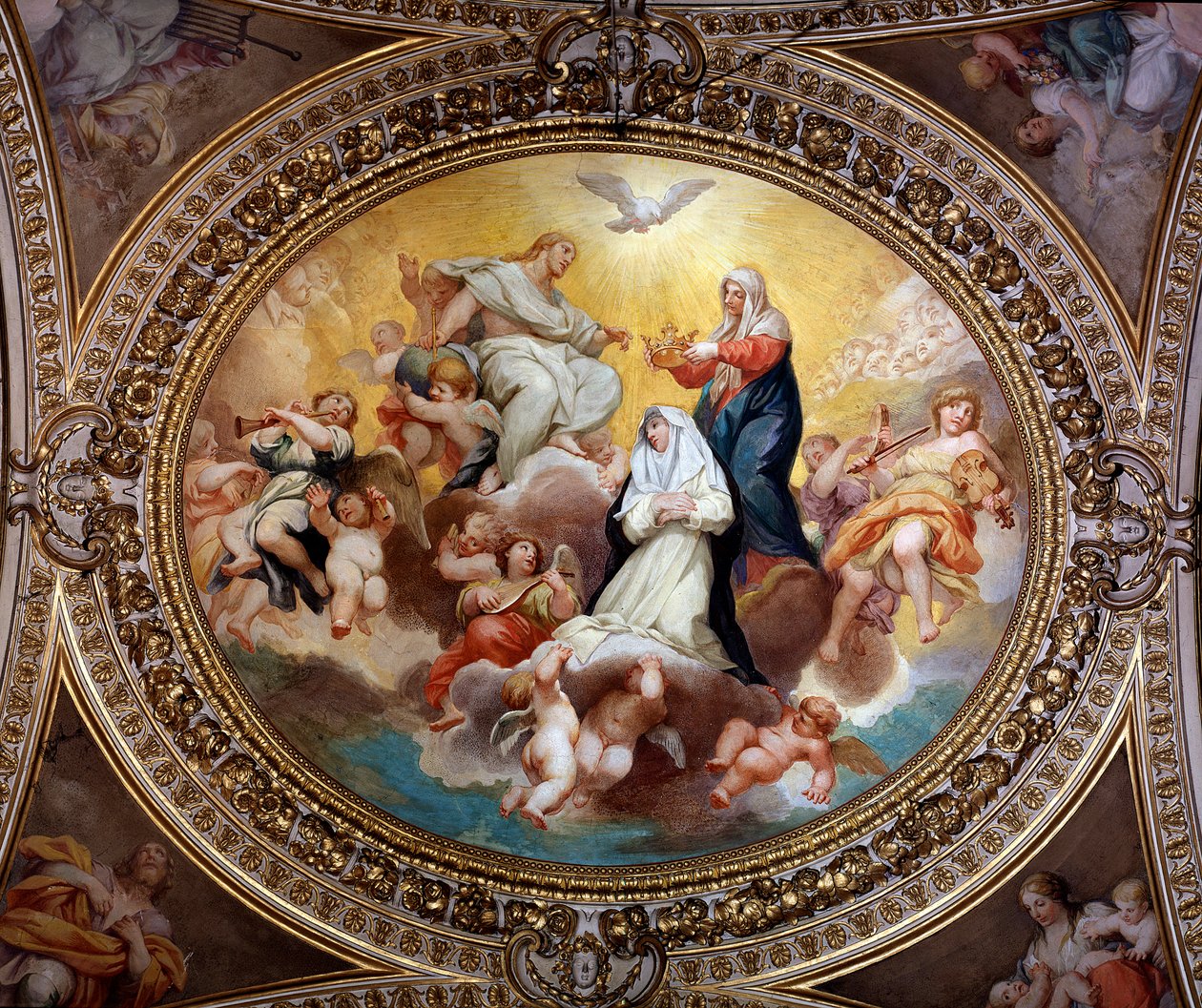 De Heilige Maagd kroont St. Rose van Lima met Jezus en de Heilige Geest door Lazzaro Baldi