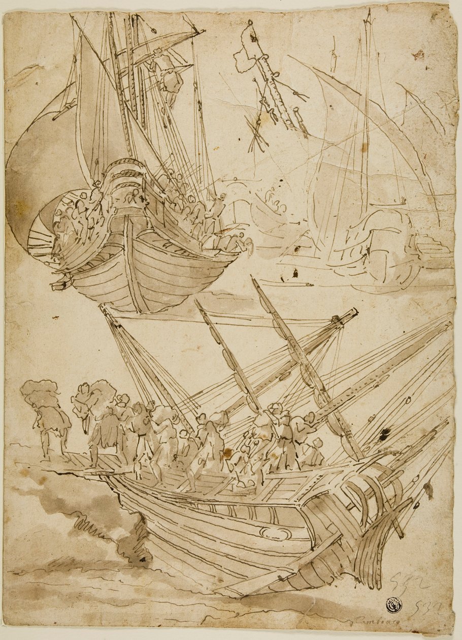 Bemanning verlaat schip (recto) Schetsen van Korinthische zuilen (verso) door Lazzaro Tavarone