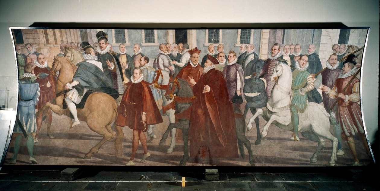 Doge Giacomo Durazzo Grimaldi begeleidt kardinaal Francesco Pacheco door de straten van Genua in 1574 (fresco) door Lazzaro Tavarone