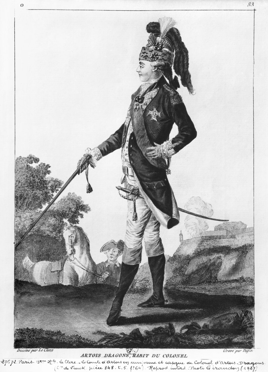 Karel van Frankrijk (1757-1836) Graaf van Artois, in het uniform van kolonel van het Artois-Dragons regiment, gegraveerd door Dupin door Le Clere