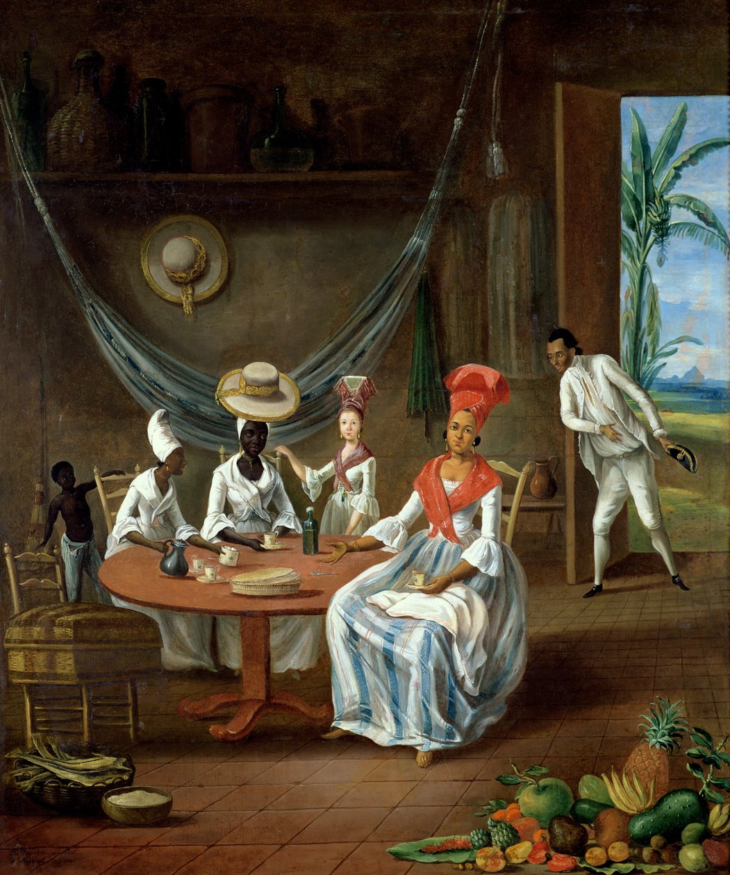 Een mulattovrouw met haar witte dochter bezocht door zwarte vrouwen in hun huis in Martinique, 1775 door Le Masurier