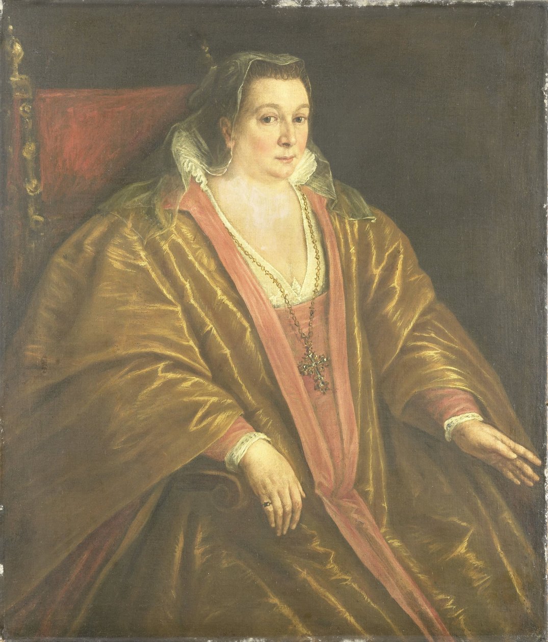 Portret van een vrouw, waarschijnlijk Morosina Morosini, echtgenote van Marino Grimani, de doge van Venetië door Leandro Bassano (workshop of)