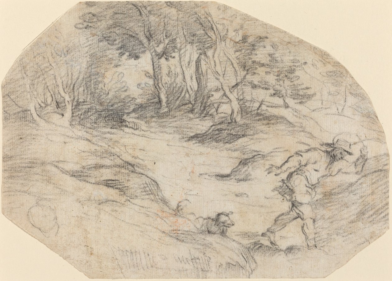 Landschap met een Man en een Hond door Leandro Bassano after Titian